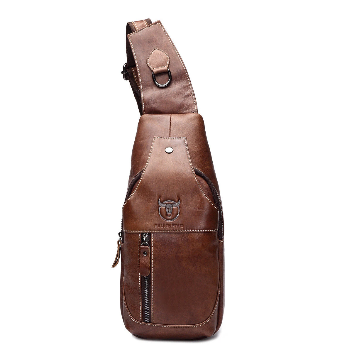 (image for) BULLCAPTAIN Men Genuine Leather Wear Resisting Textured Business Casual Brown Black Chest Bag Shoulder Crossbody Bag